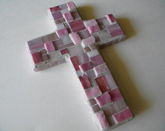 Pink Mosaic Cross, Baby Girl, Gift for Baptism, Communion, Christening, Mother's Day Gift, Valentine's Day, Godchild, Pink Decor