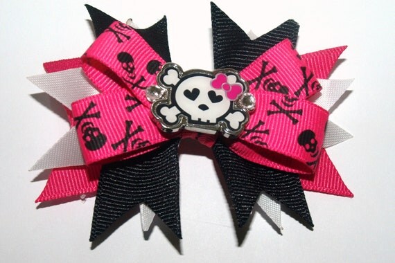 hot pink and black skull and cross bones hair bow girly