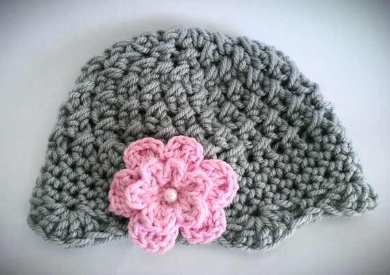 Baby Girl Hat Gray Crochet Baby Girl Hat with Pink Flower