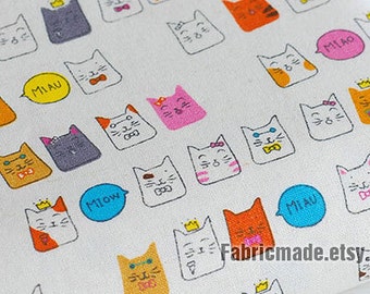 Colorful Fortune Cat Fabric, Cute Cat Cotton Linen Fabric, Baby Kids Quilting Fabric - Fabric by the yard 1/2 yard