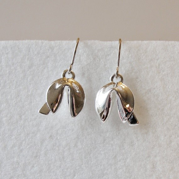 Fortune Cookie silver dangle earrings Lucky fortune hook
