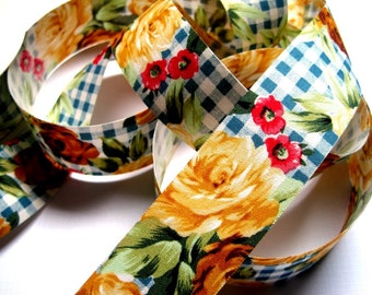 Rose Gingham Cottage Cotton Ribbon Trim, Multi Color / Blue, 1 3/8" inch wide, 1 yard, For Victorian & Romantic Crafts