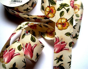Cottage Floral Cotton Ribbon Trim, Multi / Natural, 1 3/8" inch wide, 1 yard, For Victorian & Romantic Crafts