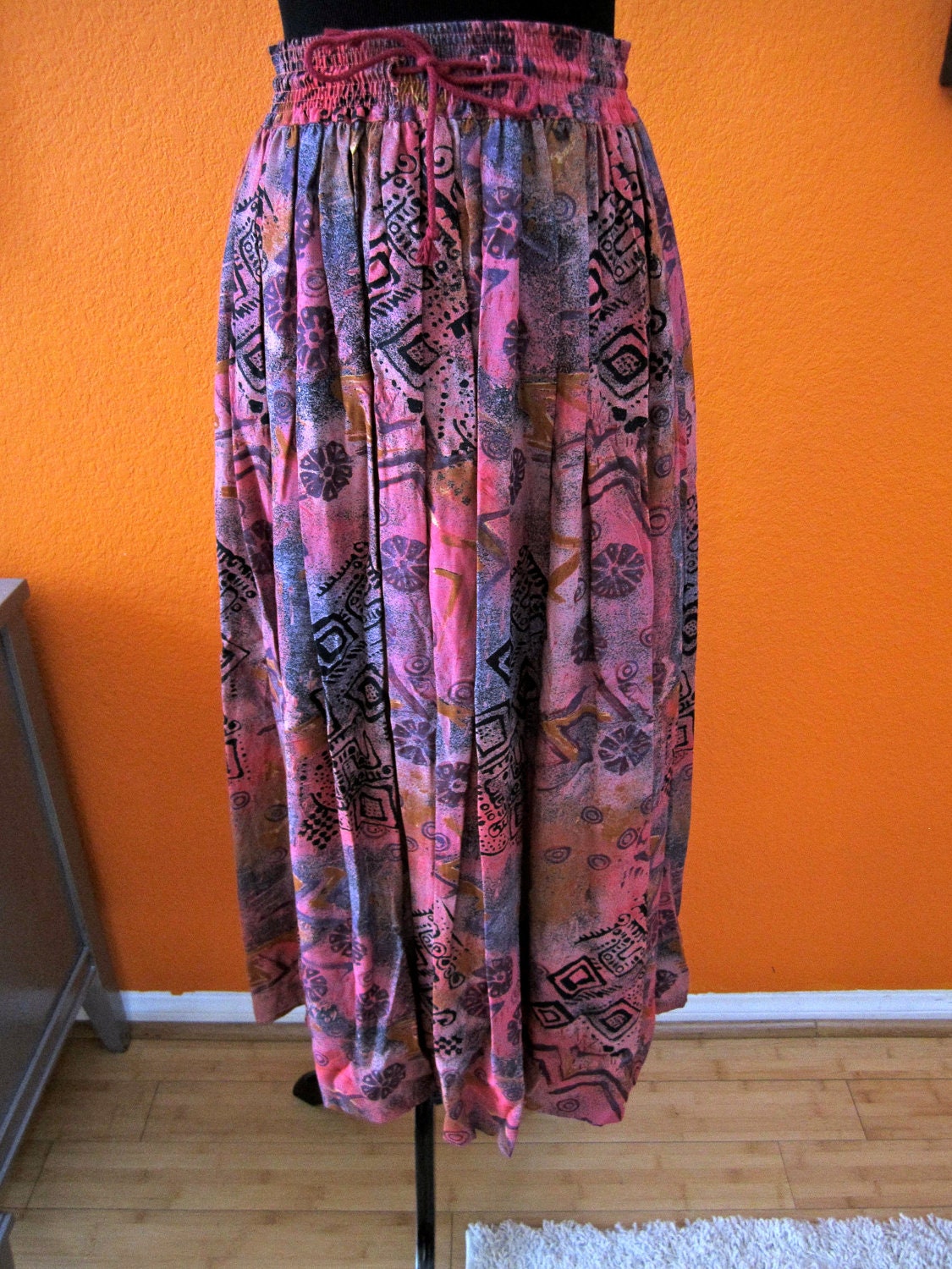 Vintage 80's Boho Hippie Tribal Batik Long Skirt by PopLifeArts