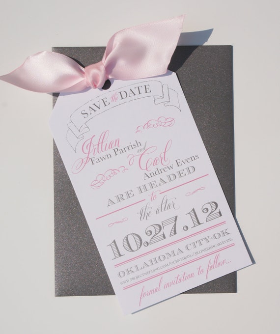 Save the Date Luggage Tag Pink and Gray Card with Ribbon  "Away We Go" -- SAMPLE