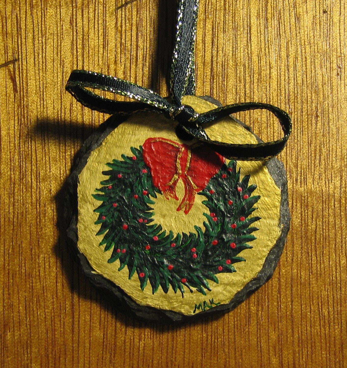 Wreath Ornament Painted on Slate