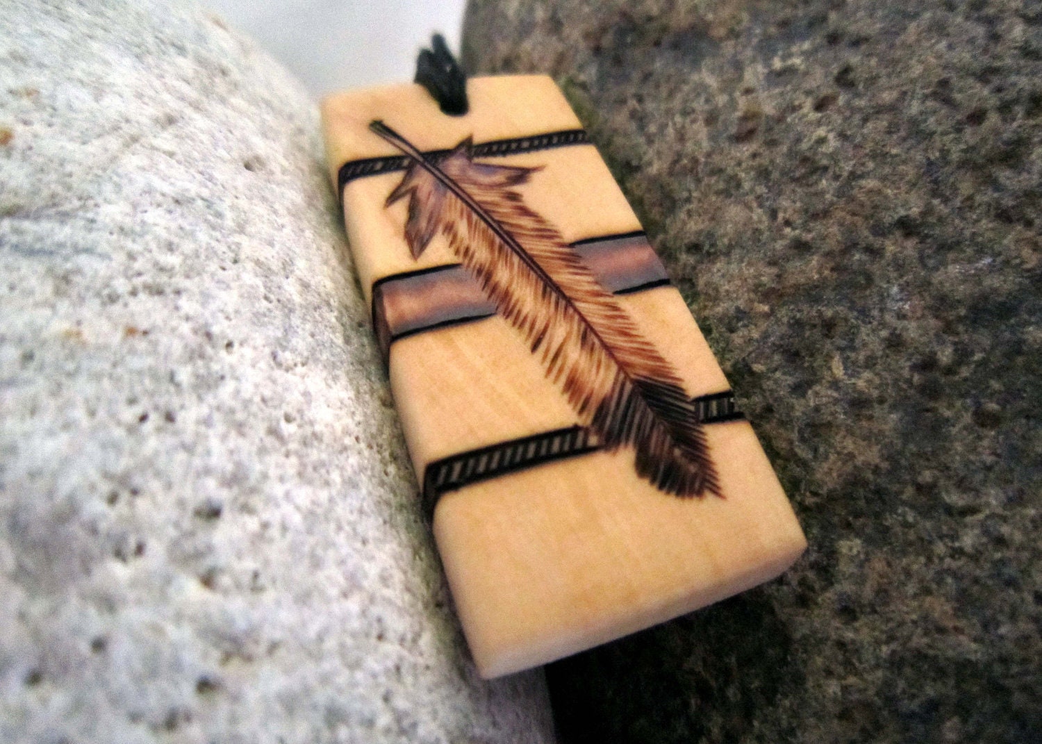 Wood pendant eagle feather pyrography feather necklace