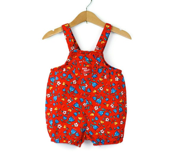 Vintage Baby Oshkosh Overall Shorts in Red Floral 3 to 6