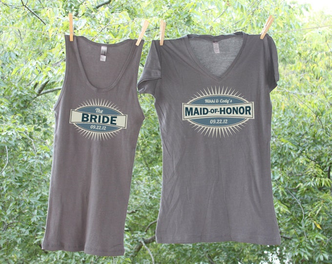 Set of 3 Blue Bride, Bridesmaid and Maid of Honor Personalized with date Tank or shirt