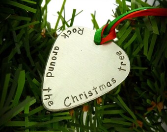 Hand Stamped Over Sized Guitar Pick Christmas Ornament Great Gift!