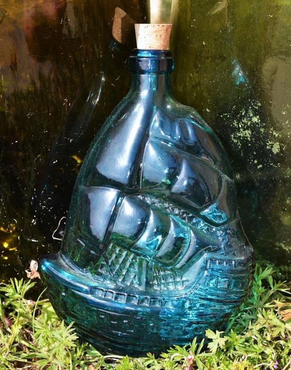 SALE...Vintage blue green glass bottle or decanter...ship