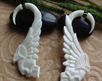 Fake Gauge Earrings, "Tribal Skull" Naturally Organic, Bone, Hand Carved
