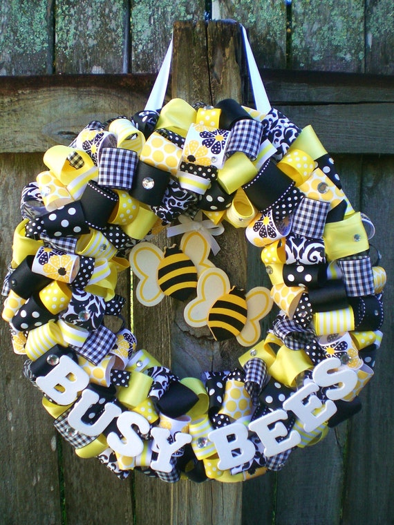 Items similar to Black and Yellow Bumble Bee Themed Ribbon Wreath for