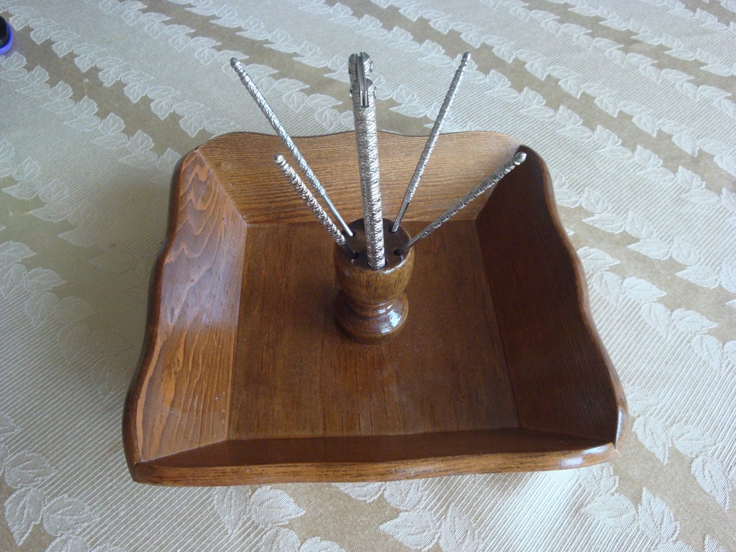 Vintage Wooden Nut Bowl with Nut Cracker and Four Pick Tools