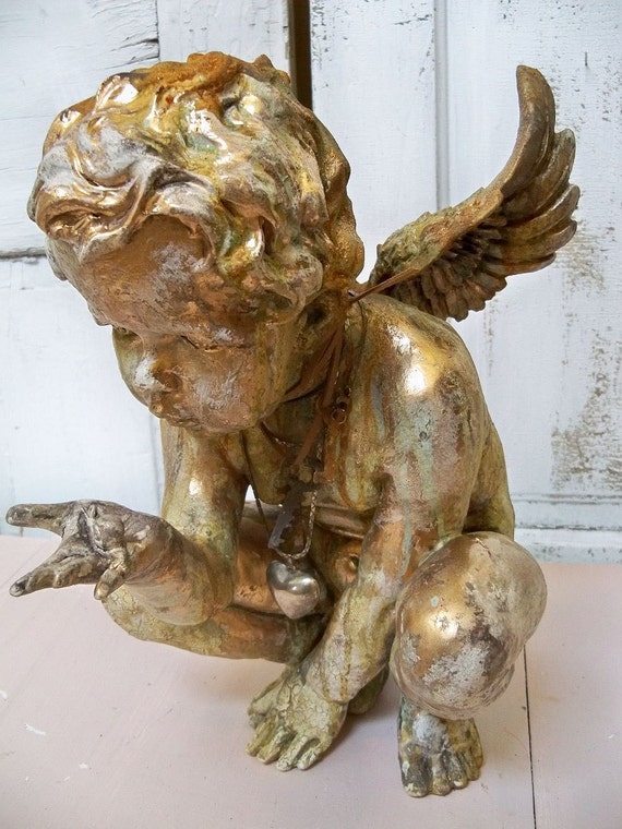 Large hand painted cherub statue with handmade jewel crown