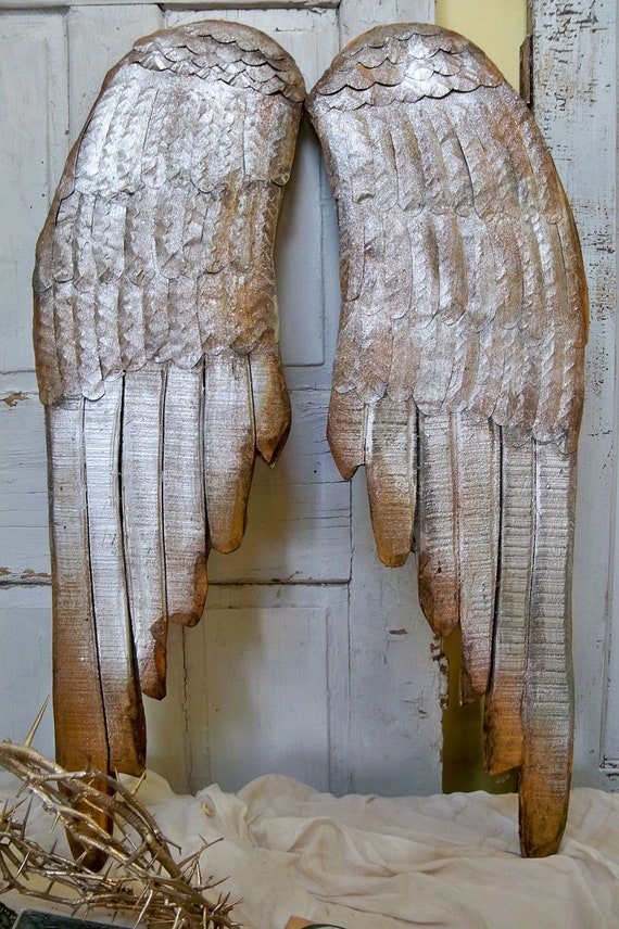 Large wood angel wings wall sculpture metallic pewter rusty