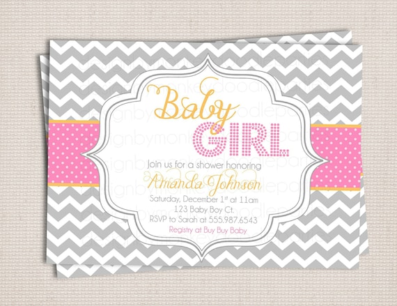 Baby Girl Chic Chevron Baby Shower Custom Printable Shower Invitation Il_570xn