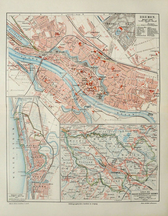 1894 Antique city map of BREMEN GERMANY. 122 years old