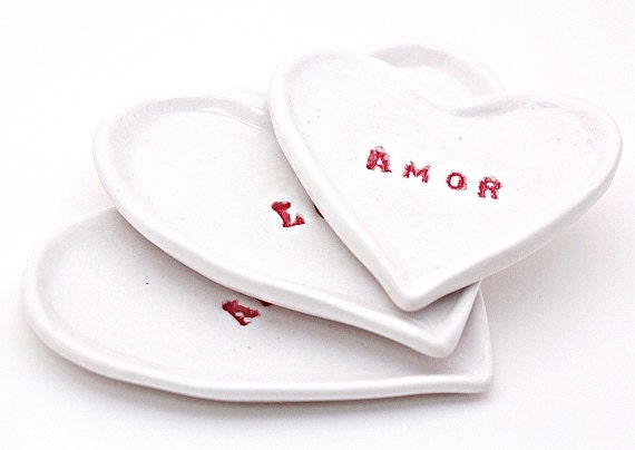 Porcelain Nesting Heart Dishes Set of 3 in White and Red Writing Love Amour Amor So Romantic MADE TO ORDER
