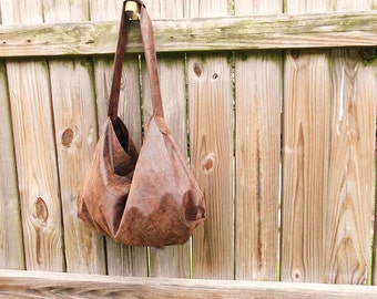 Brown Faux Suede Hobo Bag Crocodile Print