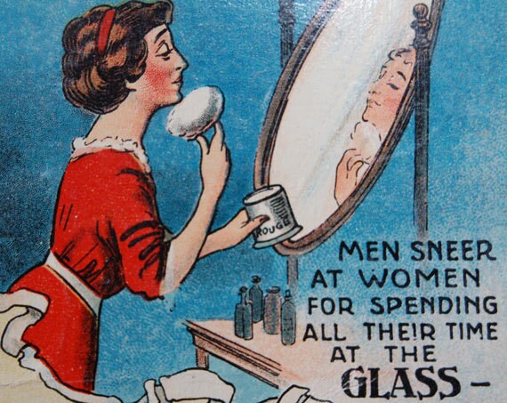 1920s comic cartoon postcard Vain women and beer drinking men