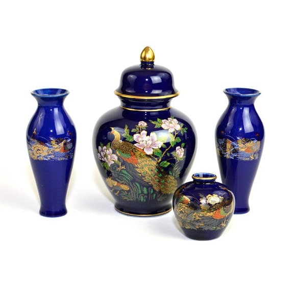 Cobalt Blue Peacock Japanese Ginger Jar and Vase Set