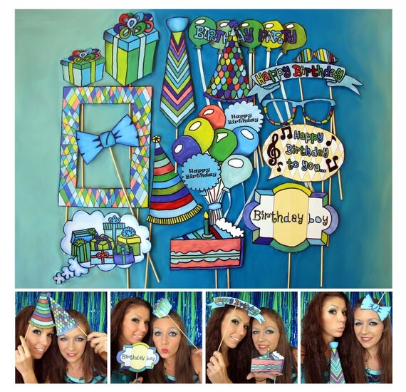 boy birthday photo booth props in blue green and brown