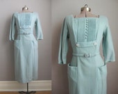 1950s Vintage Dress Blue Wool 50s Wiggle Dress Pencil Skirt Size Medium