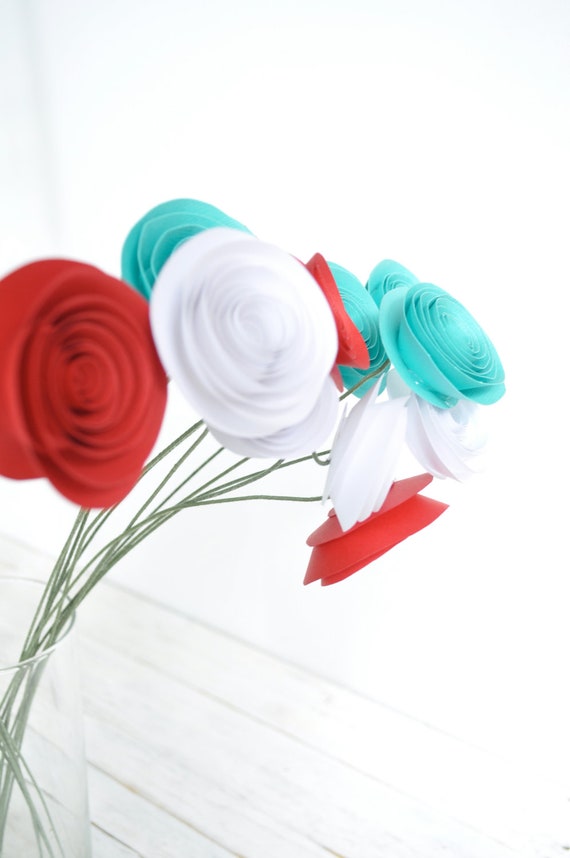 Paper Flowers on Stems Bouquet of Paper Flowers teal and red