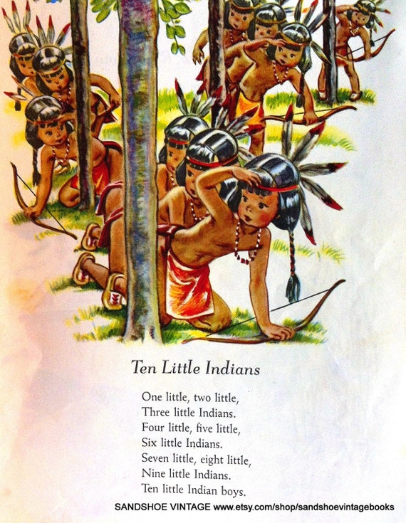 1960s TEN LITTLE INDIANS Nursery Rhyme Print Ideal For Framing