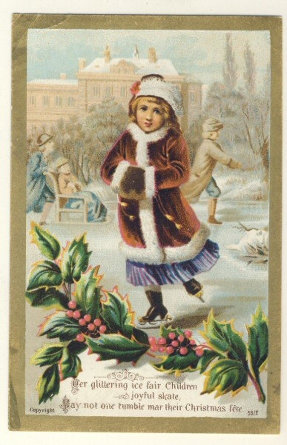 Victorian antique christmas card Girl ice skating