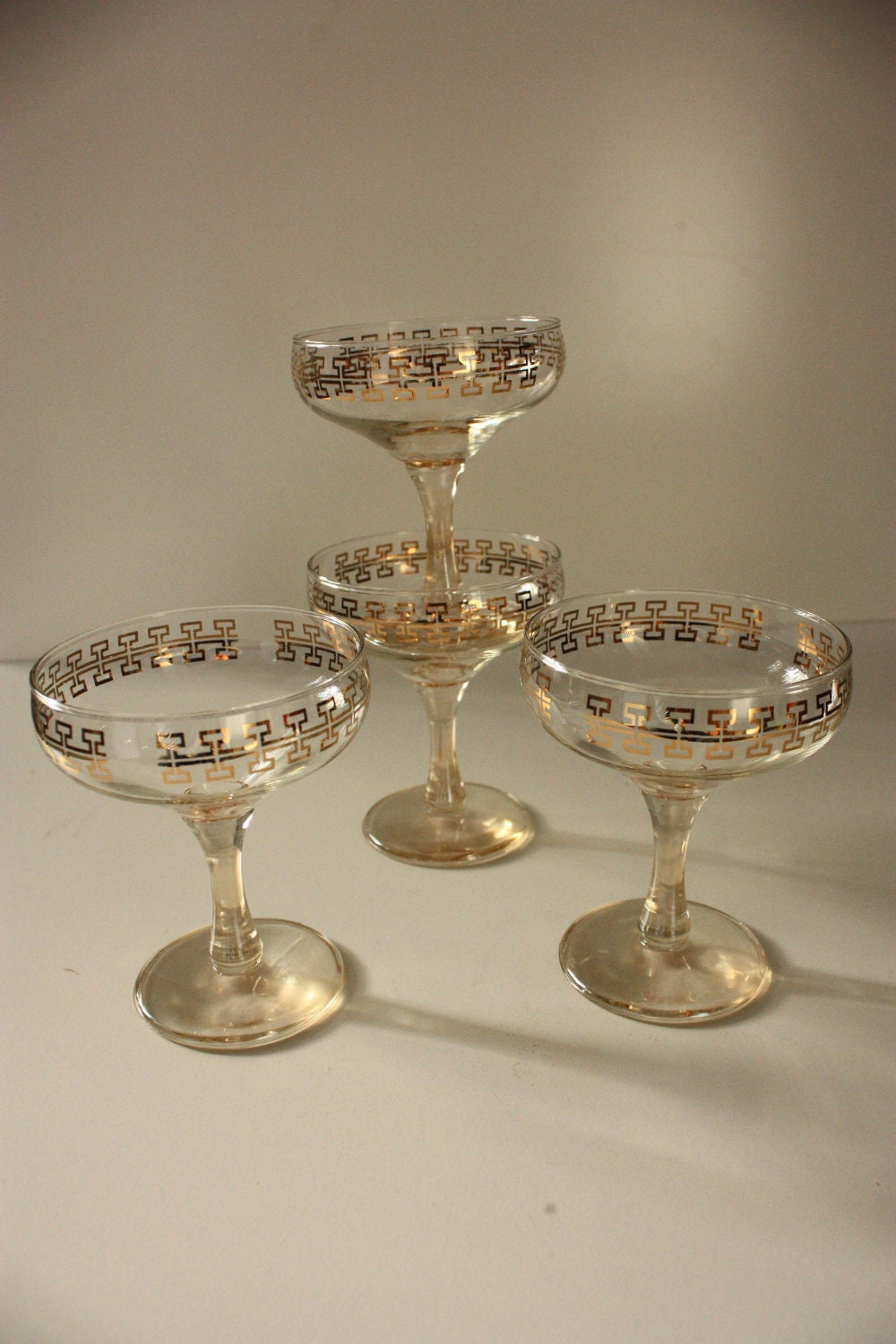 Vintage Champagne Glasses Gold Key Pattern 