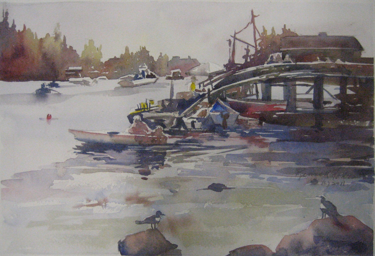 Original Watercolor Maine Lobster Boat Dock By Kathyrennellforbes