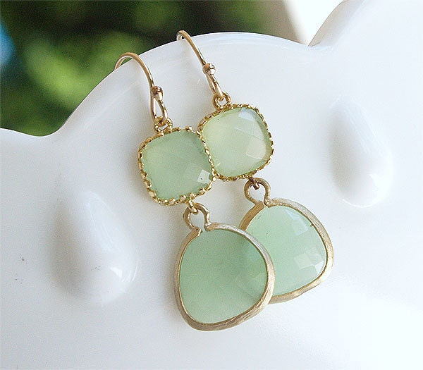 Mint Green Dangle Earrings in Gold Minty Spring Green on