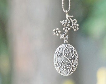 Floral Locket Necklace - silver plated rhinestone vintage look secret hiding place