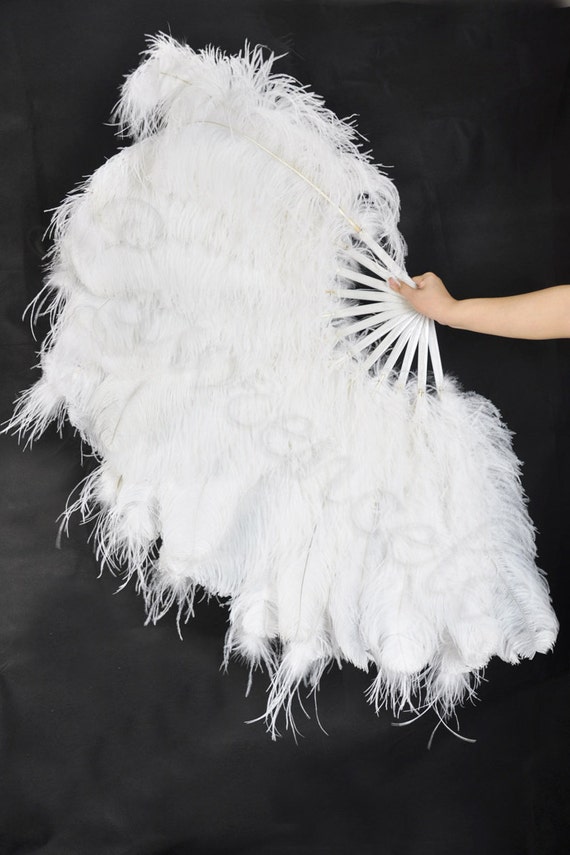 Burlesque Dance white 3 Layer Ostrich Feather Fan with fluffy