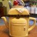 Porcelain Trinket Box - Teapot Shaped like a Refrigerator - Yellow with a Bowl of Fruit on Top