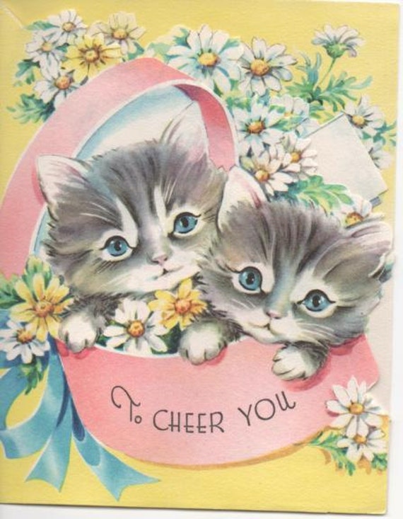 Vintage Get Well Card Kittens and Flowers by PerfectYesterdays