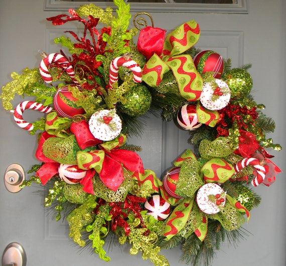 Red and Lime Green Christmas Wreath with Candy Canes and