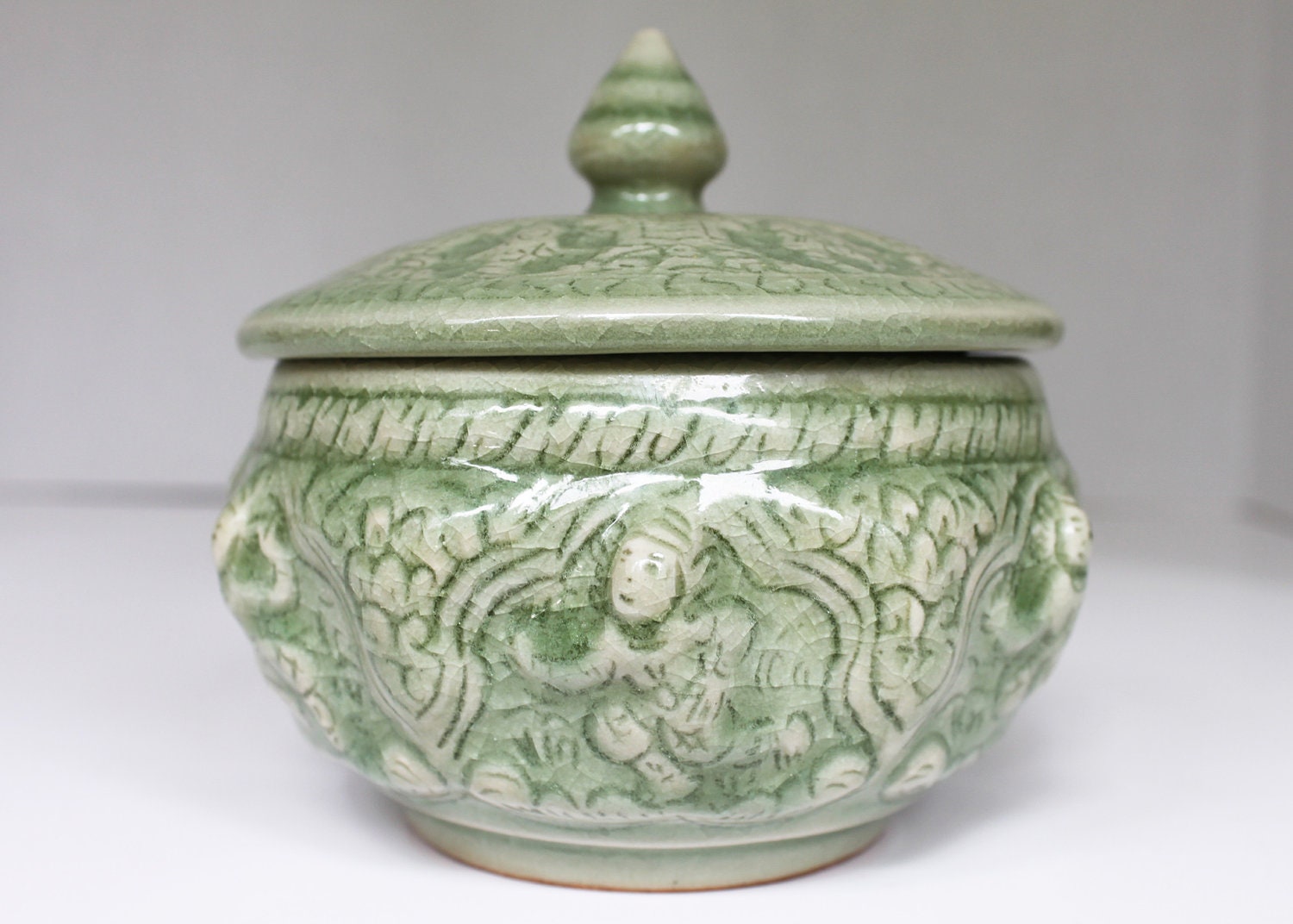 Thai Celadon Green Lidded Bowl Pot With Figures Handmade In   Il Fullxfull.376665987 Kisw 