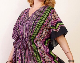 HIEROGLIFICS Cotton kaftan dress in a tiny mod geometric black print. Lounge wear, beach cover up or Maternity kaftan.