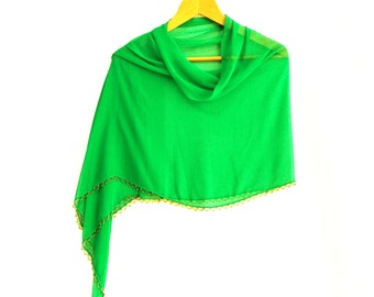 Chiffon scarf, Green, Chiffon shawl, Rectangle fabric scarf, Tassels scarf, Authantic, Romantic, Elegant, Thin fabric shawl, Chic shawl