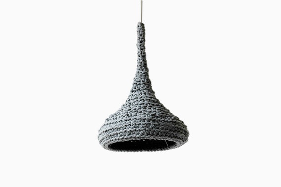 Crochet Pendant Lamp LUUNA / Modern Hanging Light / Unique Eco Lamp from Upcycled Fabric / Green Design / Recycling Art - Gray
