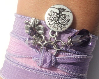 Tree of Life Silk Wrap Bracelet Yoga Jewelry Purple Good Luck Necklace Unique Gift For Her Christmas Stocking Stuffer Under 50 Item Z58