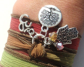 Tree of Life Silk Wrap Bracelet Namaste Yoga Jewelry Evil Eye Hamsa Bohemian Om Autumn Anklet Necklace Earthy Unique Gift Under 50 Item Z36