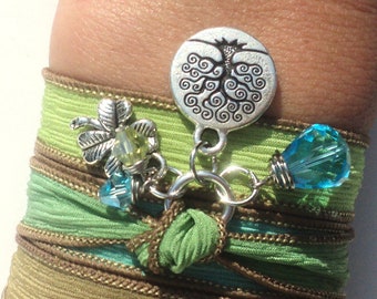 Tree of Life Silk Wrap Bracelet Yoga Jewelry Green Blue Brown Necklace Earthy Gift For Her Christmas Birthday Unique Gift Under 50 Item Z83