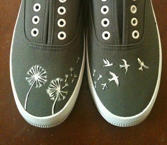 Hand Painted Shoes Dandelions and Birds