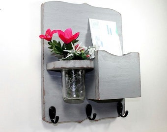 Mail organizer, floral vase, mail holder, key hooks, vintage, sconce, home organizer, shabby chic, home decor,painted Vintage Gray