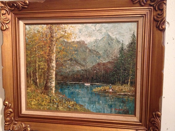 Oil Painting on Canvas C.Daniel Lake Fishing Scene