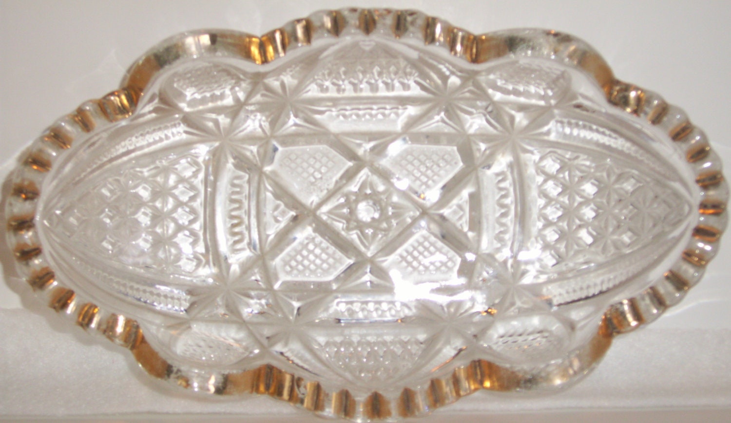 VINTAGE CUT GLASS Serving Dish Candy Dish Gold Trim Home Decor